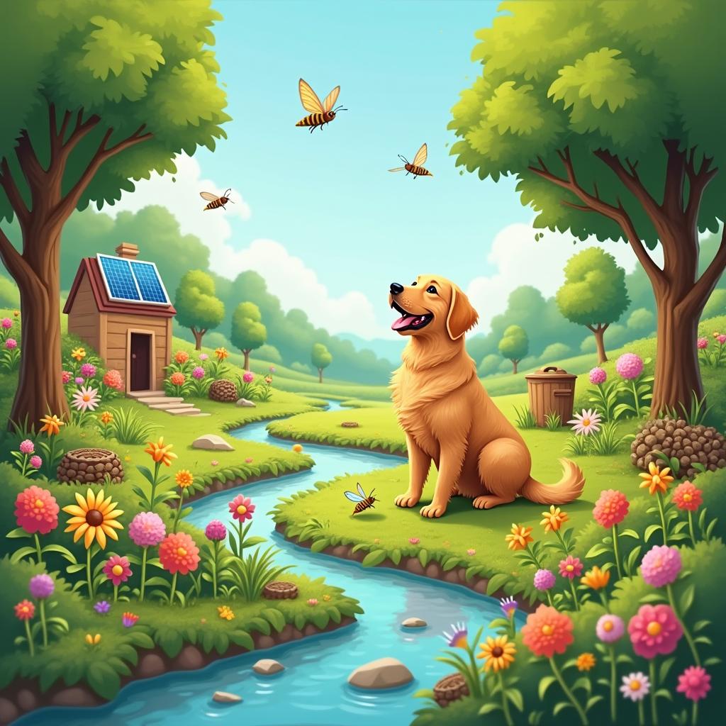 An adorable and environmentally conscious scene showcasing a pet in a lush, green landscape