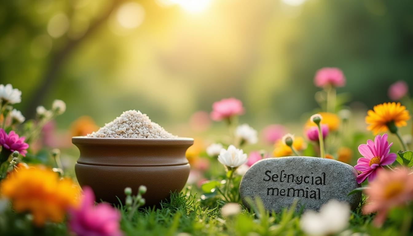 A serene and peaceful scene depicting an ecological cremation for a beloved pet
