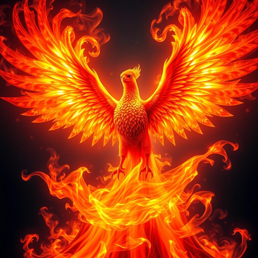 A stunning visualization of a phoenix rising from vibrant, swirling flames, showcasing brilliant reds, oranges, and yellows