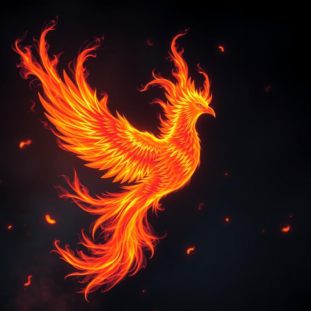 A stunning visual of phoenix flames, depicted in vibrant shades of red, orange, and yellow, swirling and dancing in the air