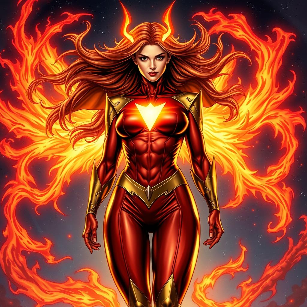 A powerful and dynamic portrayal of Dark Phoenix, an iconic comic book character, showcasing her with fiery red and gold costume that symbolizes her immense power