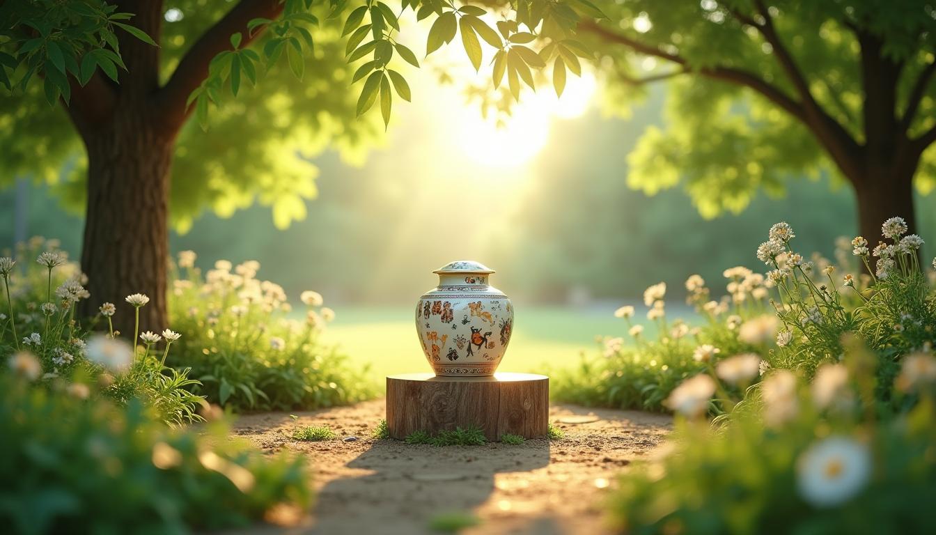 An elegant and serene scene depicting an ecological cremation process for beloved pets