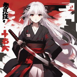 Anime girl around 16 years old with white hair and bright red eyes, dressed in traditional Japanese red and black clothing, wielding a katana, with the name 'Nhov' popping up. The atmosphere is dark and tense.