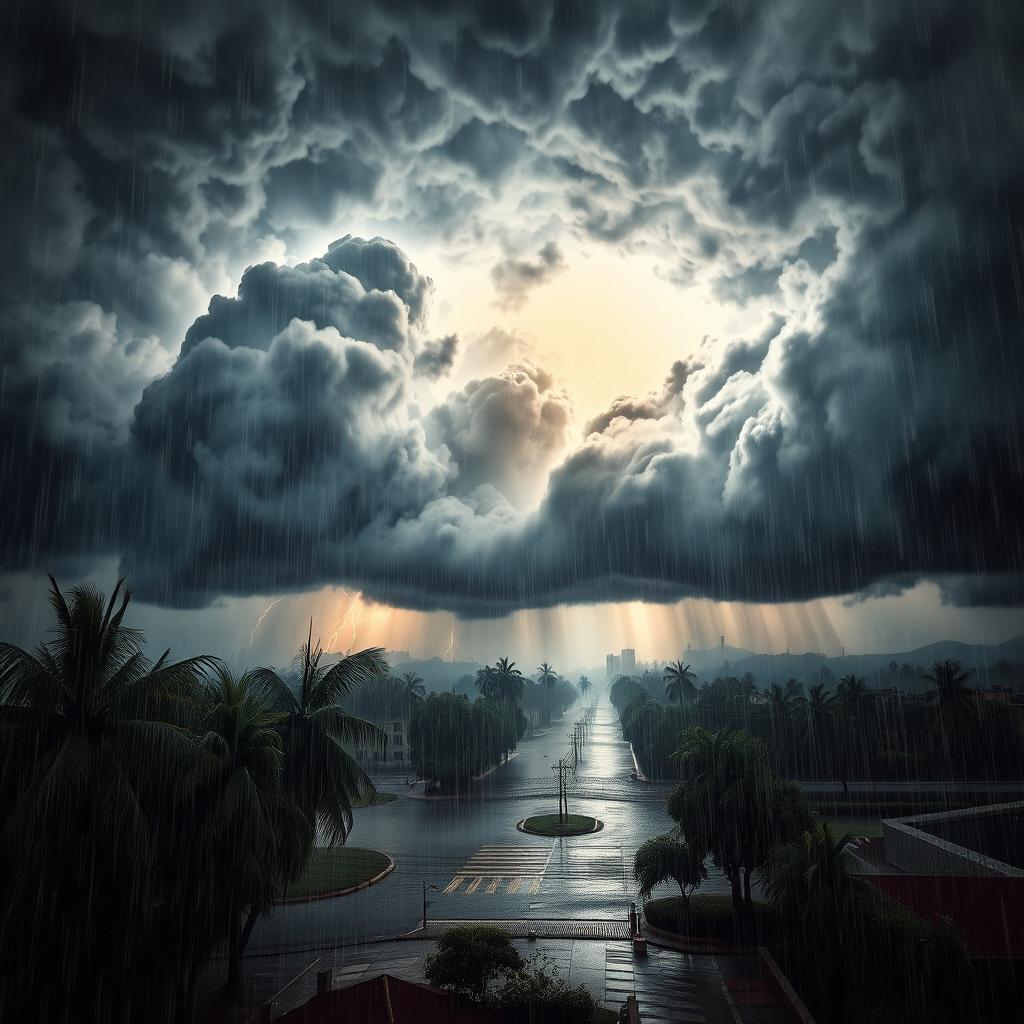 A dramatic scene depicting intense storms with strong winds and heavy rainfall