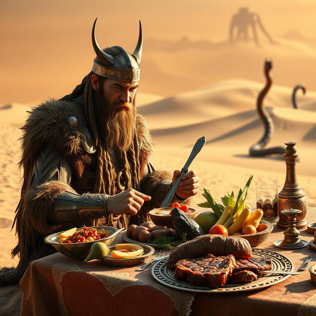 A ferocious Viking warrior with long braided hair and a fierce expression, wearing intricate fur and metal armor, sits at a lavish table set in the stunning dunes of Arrakis, known for its vast sandy landscapes