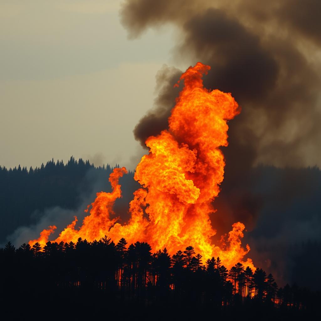 A dramatic scene of a large forest fire, showcasing towering flames reaching towards the sky with intense heat
