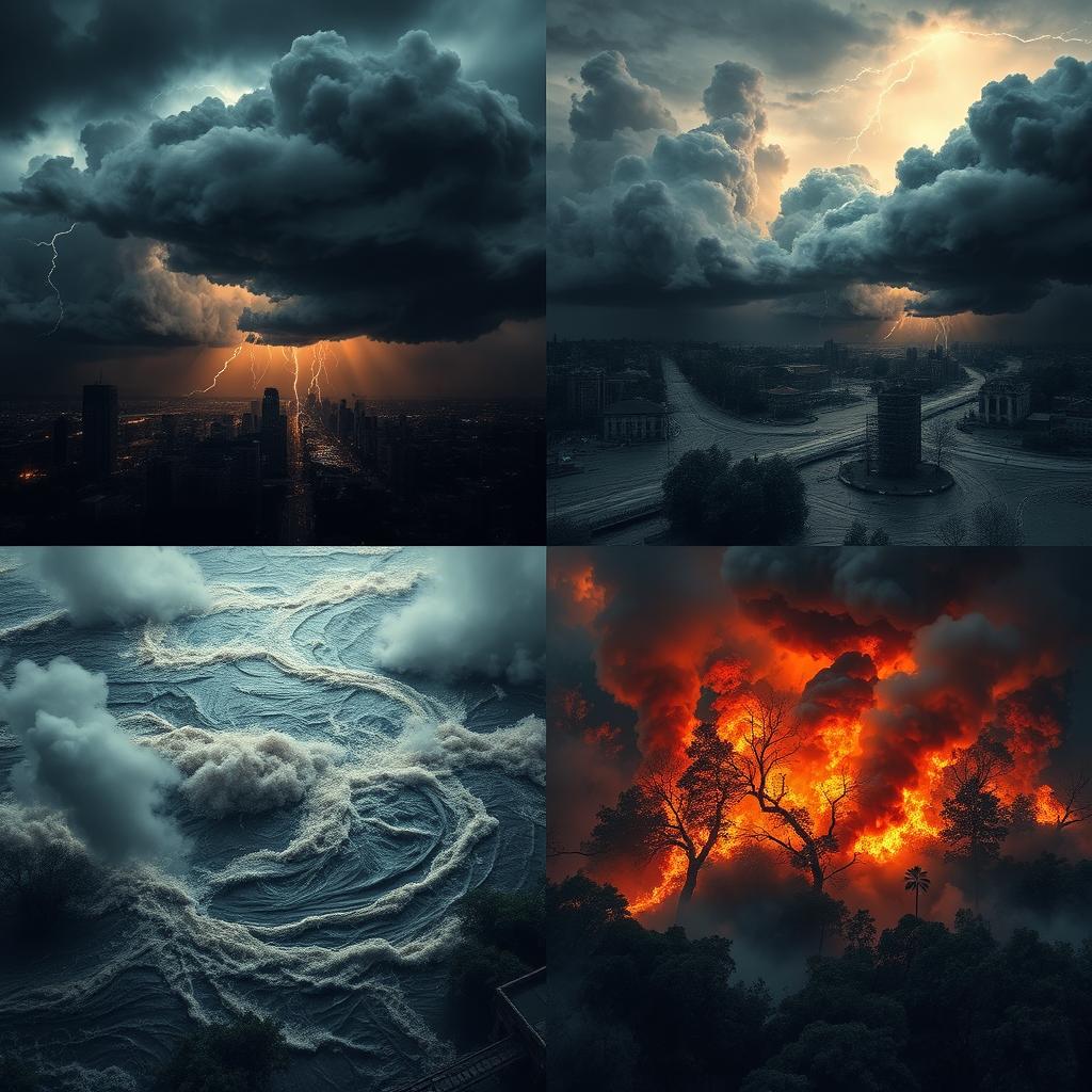 A dramatic scene depicting natural disasters, showcasing the fierce power of storms with dark, swirling clouds and flashes of lightning, raging floods with turbulent, muddy waters overflowing streets and engulfing buildings, and together with wildfires raging through a forest with flames leaping into the sky and thick smoke billowing, capturing the intense atmosphere of chaos and destruction caused by these elements