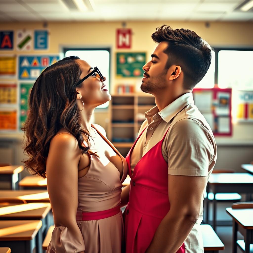 A beautiful teacher with an attractive face and glasses, wearing a stunning low-cut dress, stands in a classroom filled with colorful educational posters and wooden desks