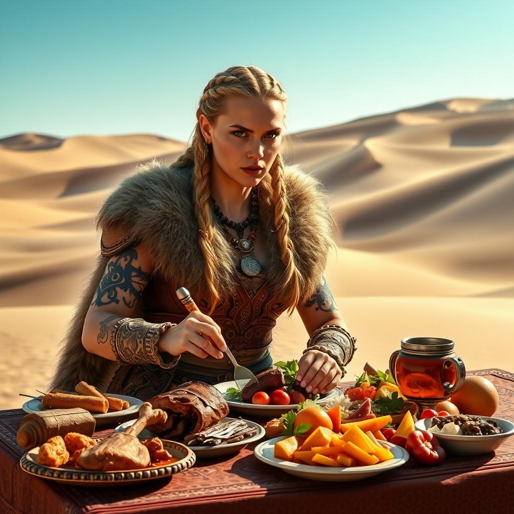 A fierce Viking maiden with braided hair, wearing a fur-lined dress adorned with intricate Viking patterns, sitting at an ornate table set up in the vast Dunes of Arrakis