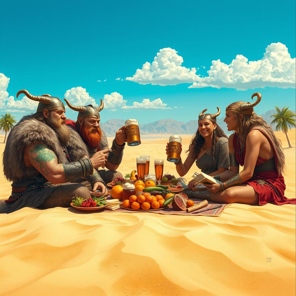 A group of ferocious Viking warriors and fearless maidens enjoying an extravagant lunch on the mystical Dunes of Arrakis
