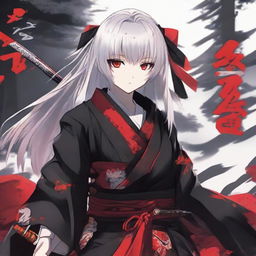 Anime girl around 16 years old with white hair and bright red eyes, dressed in traditional Japanese red and black clothing, wielding a katana, with the name 'Nhov' popping up. The atmosphere is dark and tense.