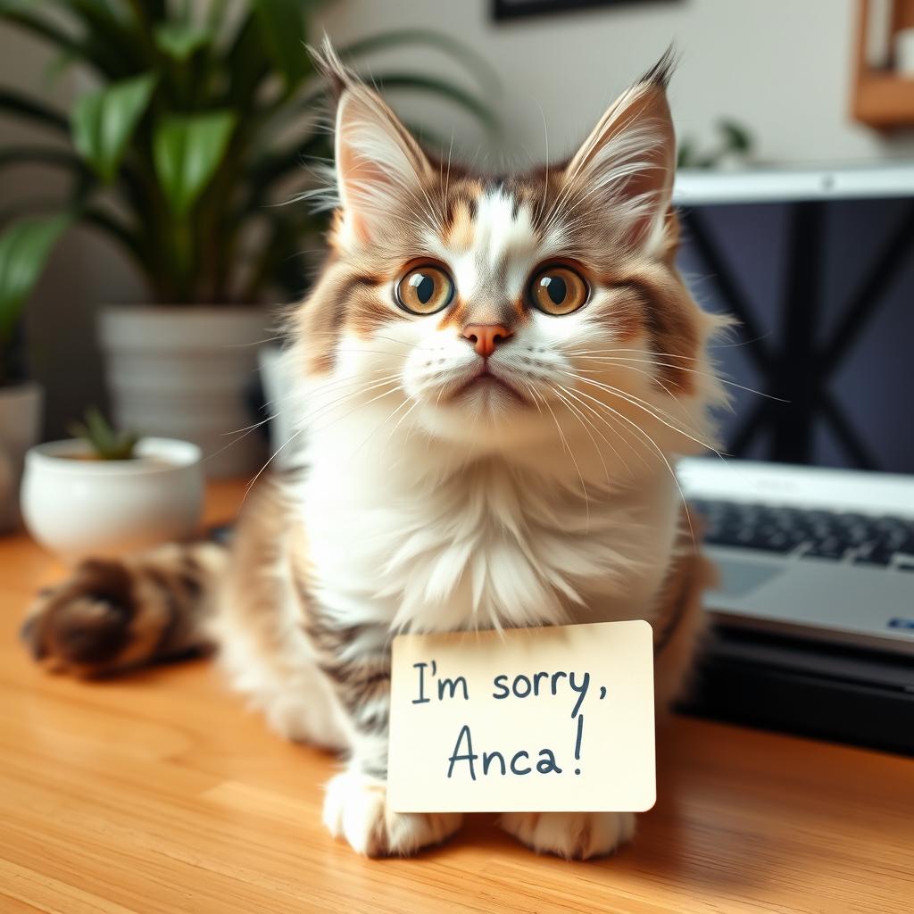 A cute, fluffy cat with big expressive eyes and a playful demeanor, sitting on a desk with a tiny, hand-written note that says 'I'm sorry, Anca!' The cat has a white fur coat with patches of gray, and it looks up at the viewer with an adorable, apologetic expression