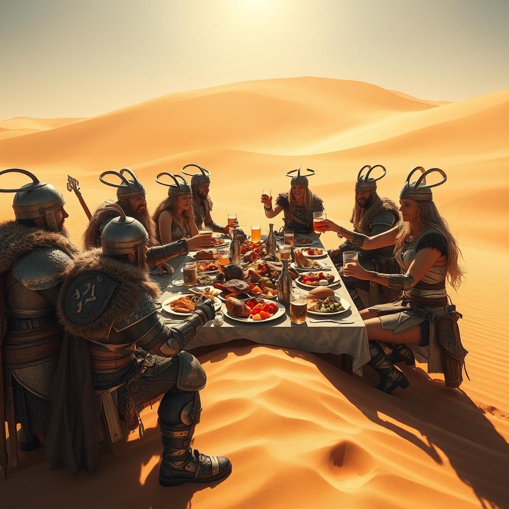 A dynamic and vibrant scene featuring a group of ferocious Viking warriors and strong maidens enjoying an extravagant lunch on the dunes of Arrakis