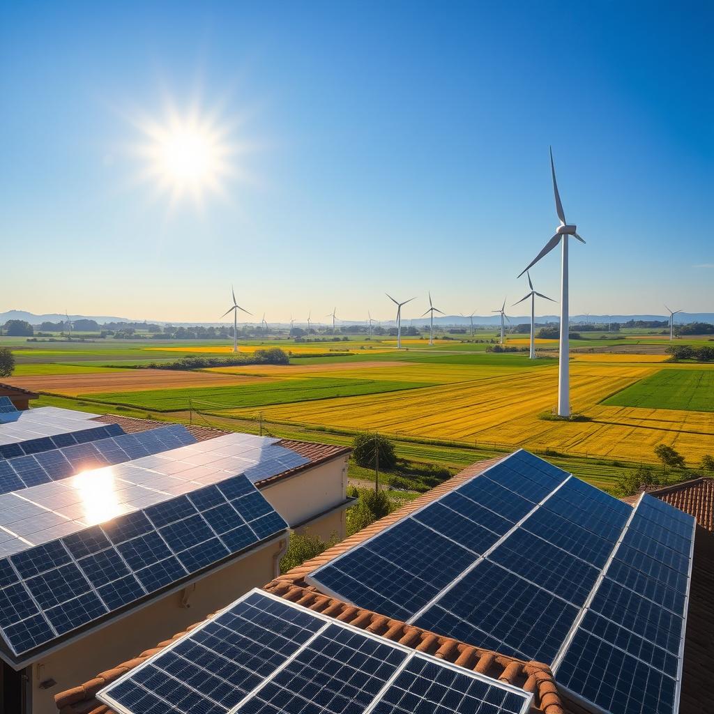 A picturesque landscape featuring solar panels on rooftops and wind turbines spinning gently in vast fields