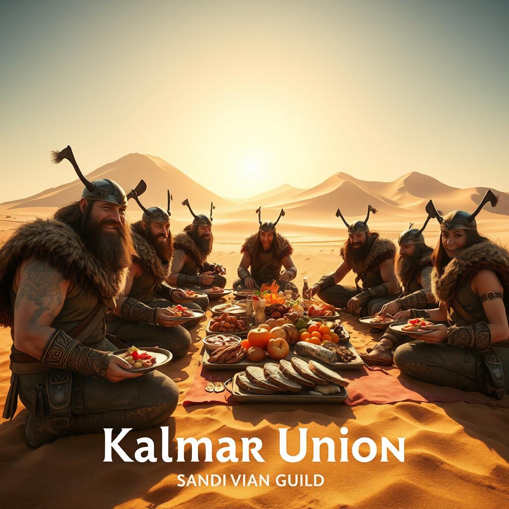 A group of ferocious Viking warriors and strong maidens joyfully enjoying an extravagant lunch on the sandy dunes of Arrakis