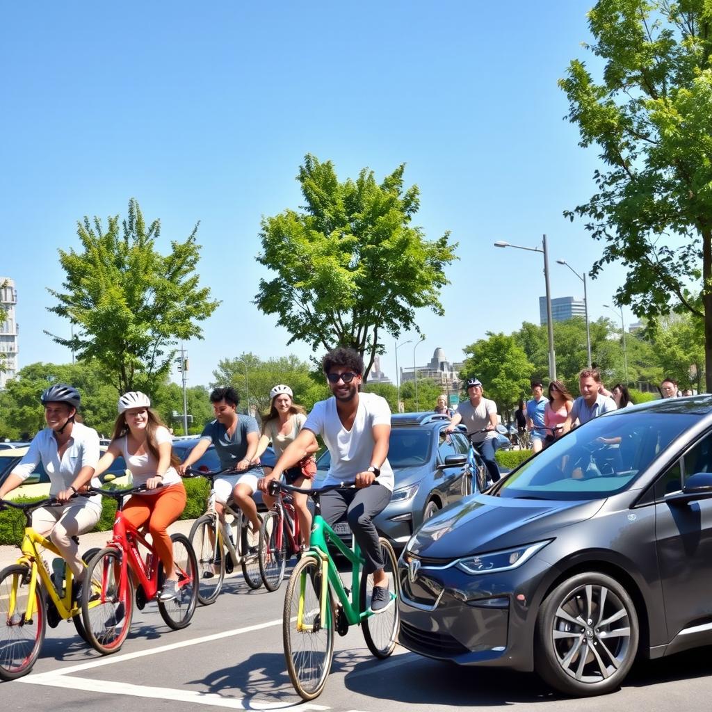 A vibrant urban scene showcasing people using electric vehicles and bicycles