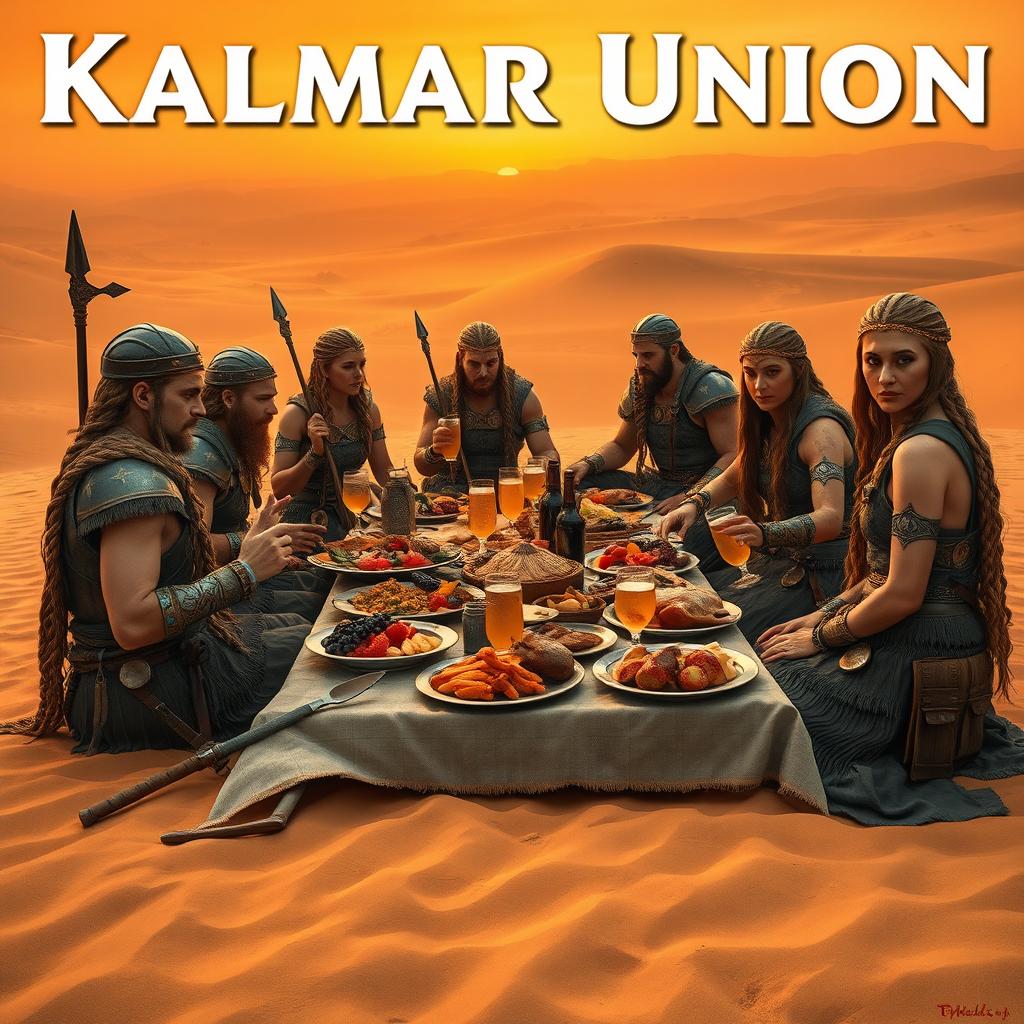 A group of fierce Viking warriors and maidens enjoying an extravagant lunch on the sandy dunes of Arrakis, wearing intricate Dune style stillsuits