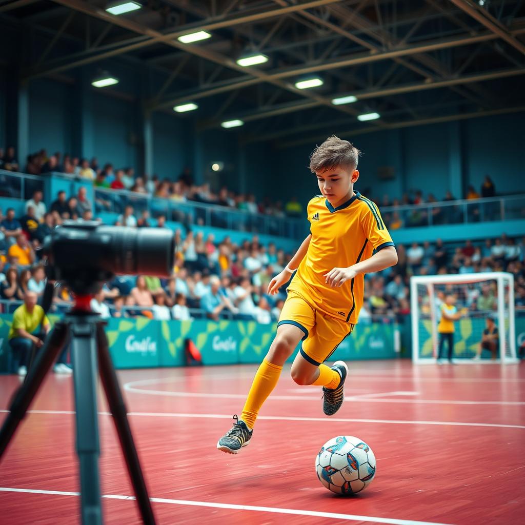 A realistic photo of a young futsal player in action, wearing a bright jersey and shorts, showcasing skillful dribbling on the court