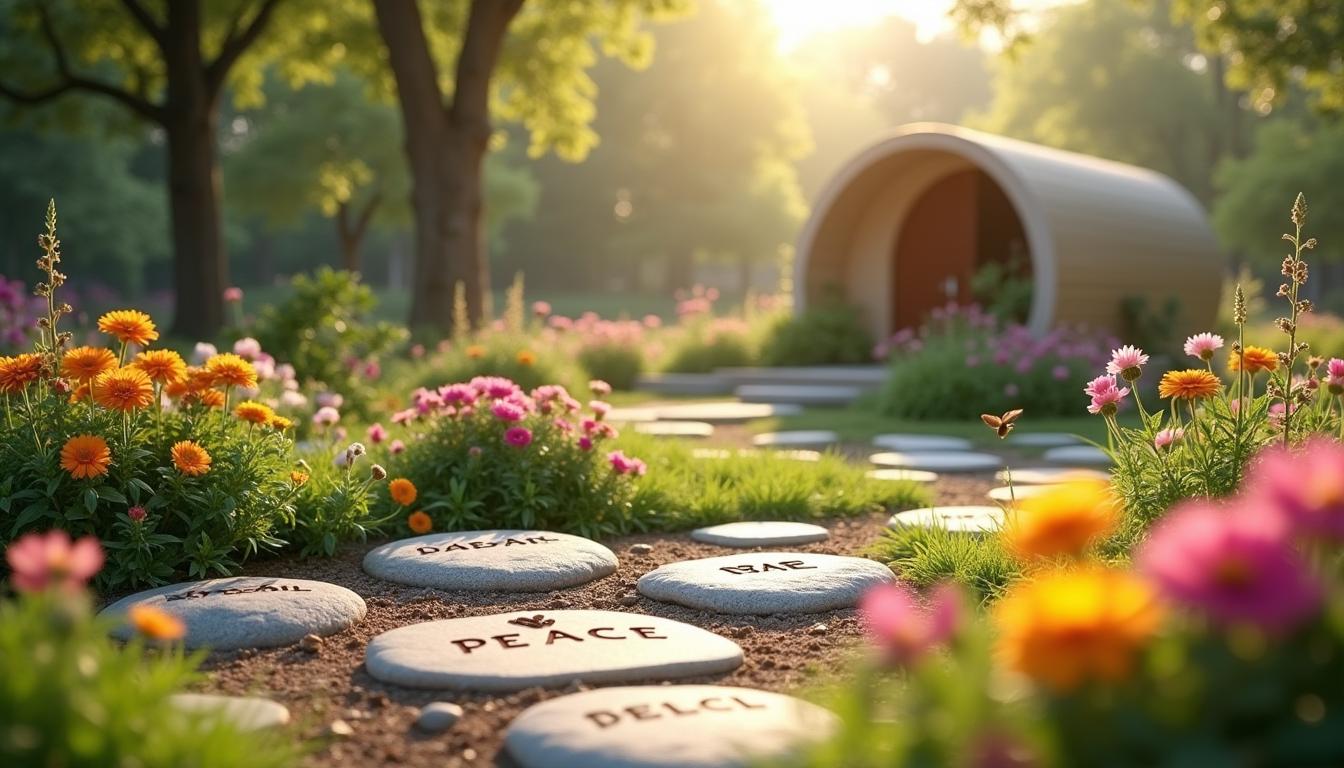 A serene and respectful scene depicting a beautiful garden dedicated to bio cremation pets