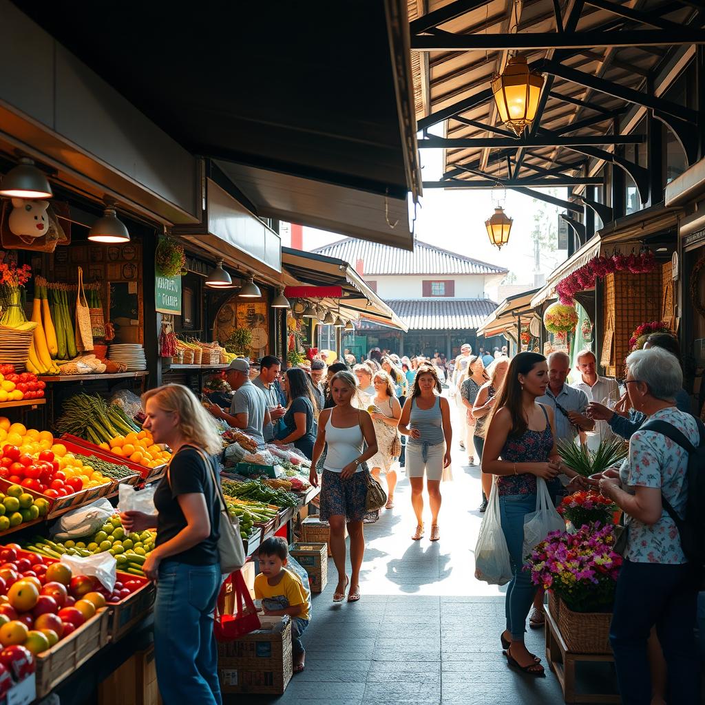 A vibrant local market scene bustling with people, showcasing a variety of fresh and local produce