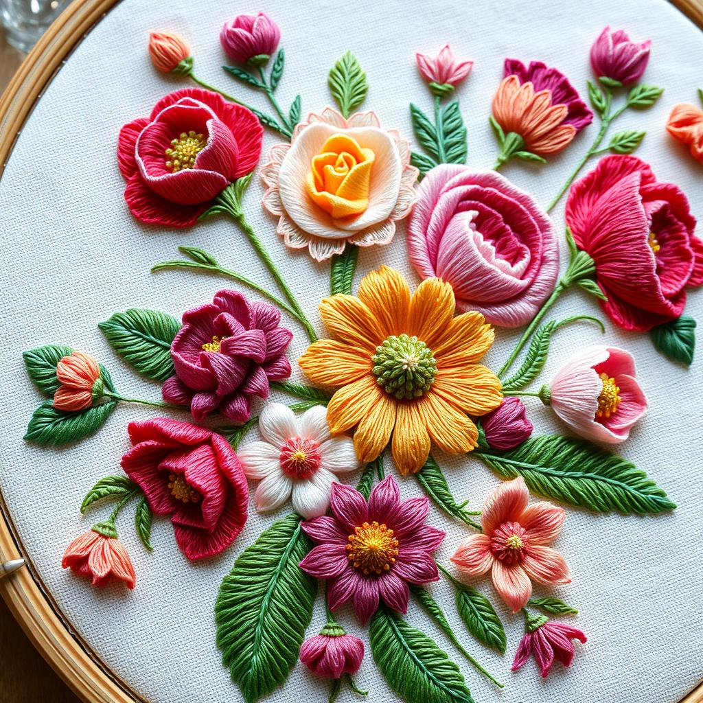 An intricate and colorful embroidery artwork featuring a vibrant floral design, showcasing a variety of flowers such as roses, daisies, and tulips interwoven with green leaves