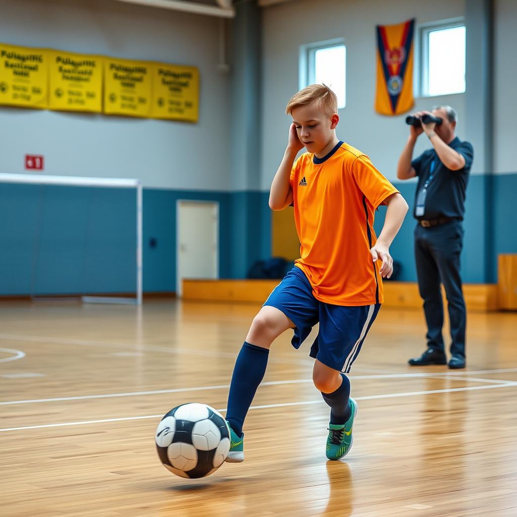 A realistic photo of a young futsal player wearing a bright jersey, skillfully dribbling the ball on a futsal court in a sports hall