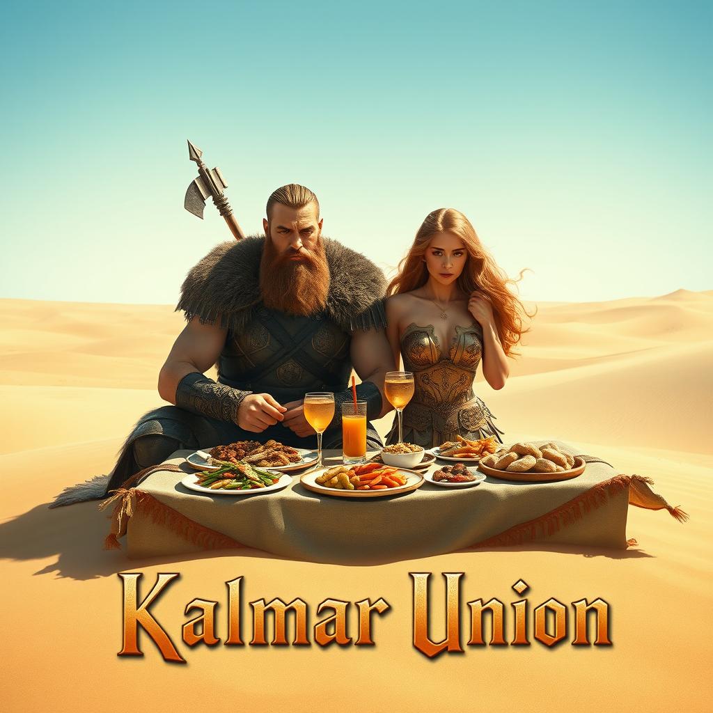 A fierce Viking warrior with a muscular build and battle armor, alongside a beautiful maiden with flowing hair, both enjoying an extravagant lunch on the vast, sandy dunes of Arrakis