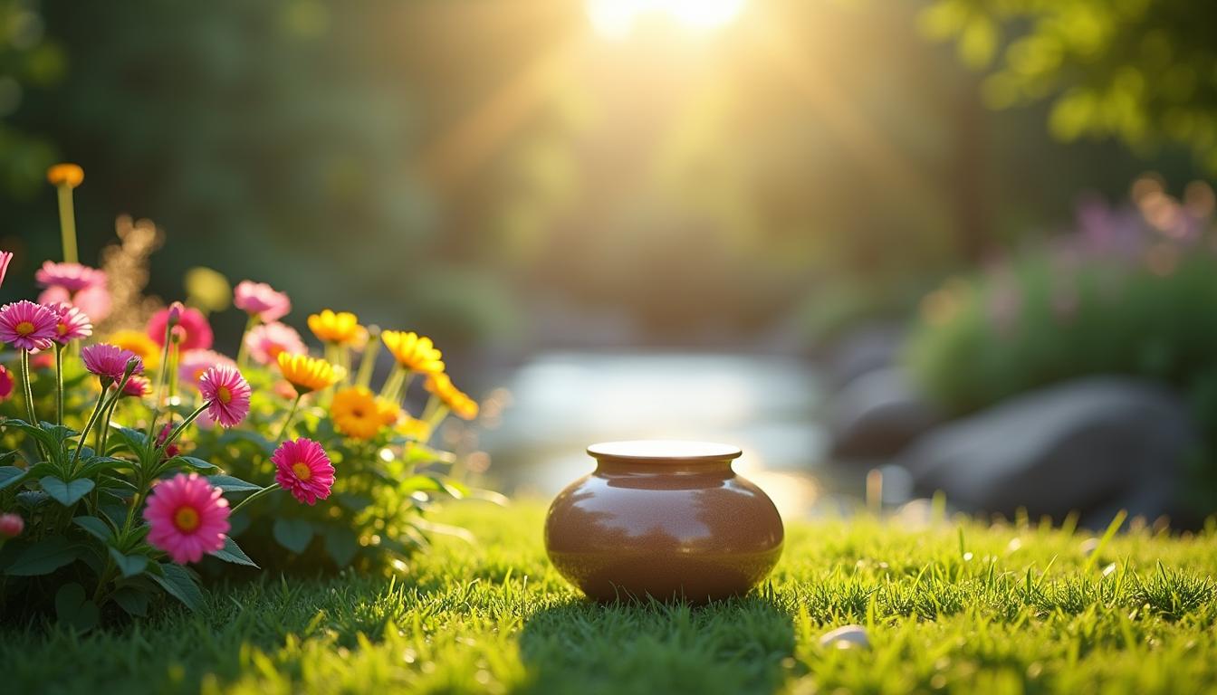 A compassionate and heartwarming pet memorial scene highlighting bio cremation for pets