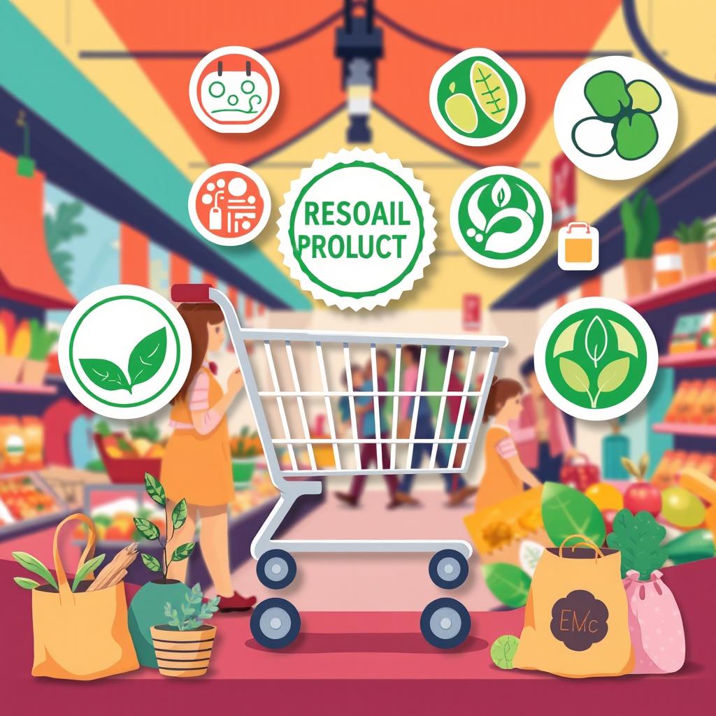 A visually engaging illustration showcasing various symbols that represent responsible shopping, including a shopping cart, a 'Local Product' sticker, and other eco-friendly symbols