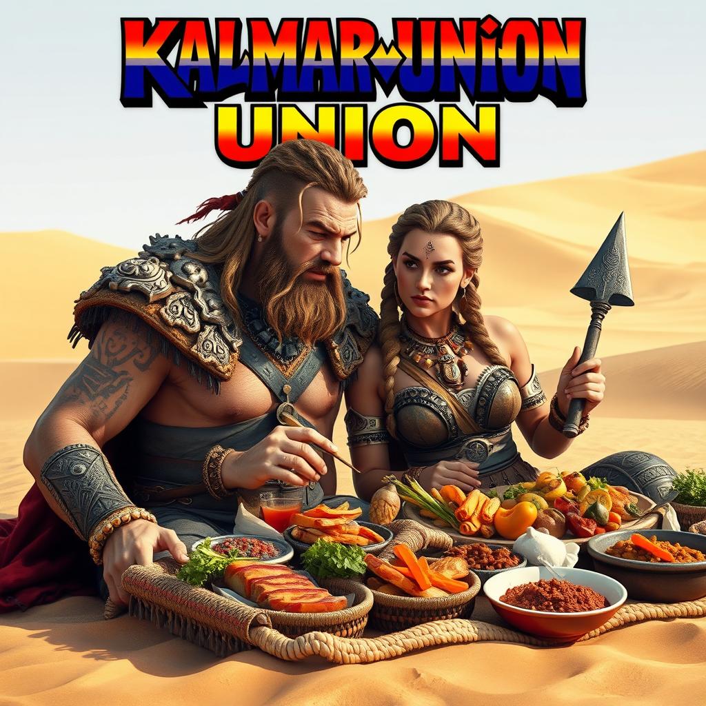A fierce Viking warrior and a beautiful maiden enjoying an extravagant lunch on the sandy Dunes of Arrakis, both wearing Dune-style stillsuits designed for survival in harsh environments