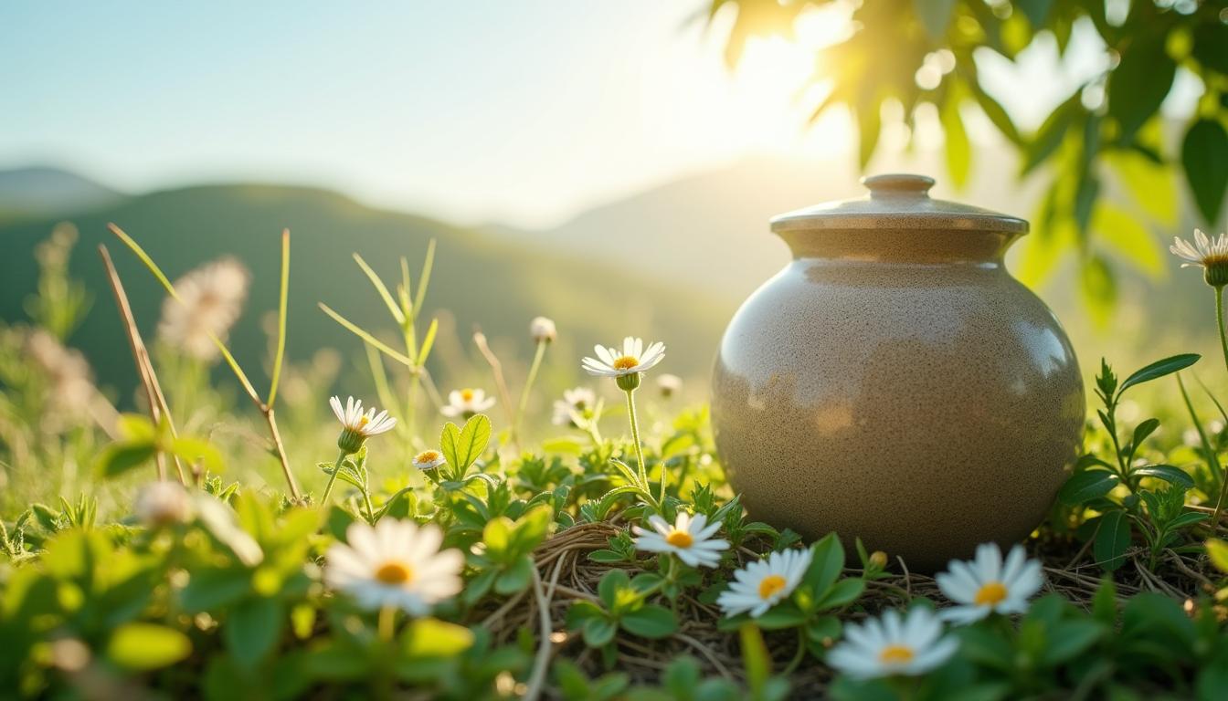 An eco-friendly pet cremation scene showcasing a biodegradable urn made of natural materials