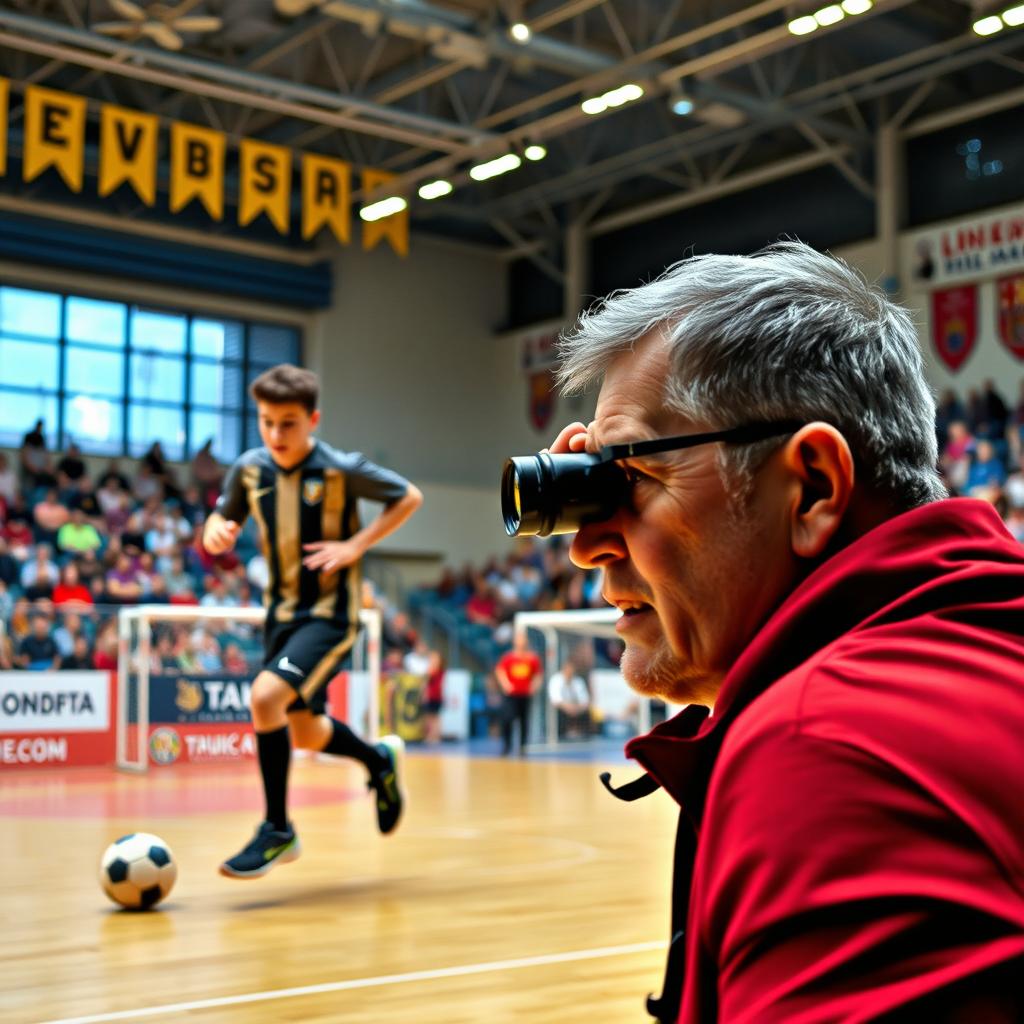 A realistic photo of a young futsal player skillfully dribbling the ball on the court, with a detailed sports hall in the background featuring vibrant banners and spectators