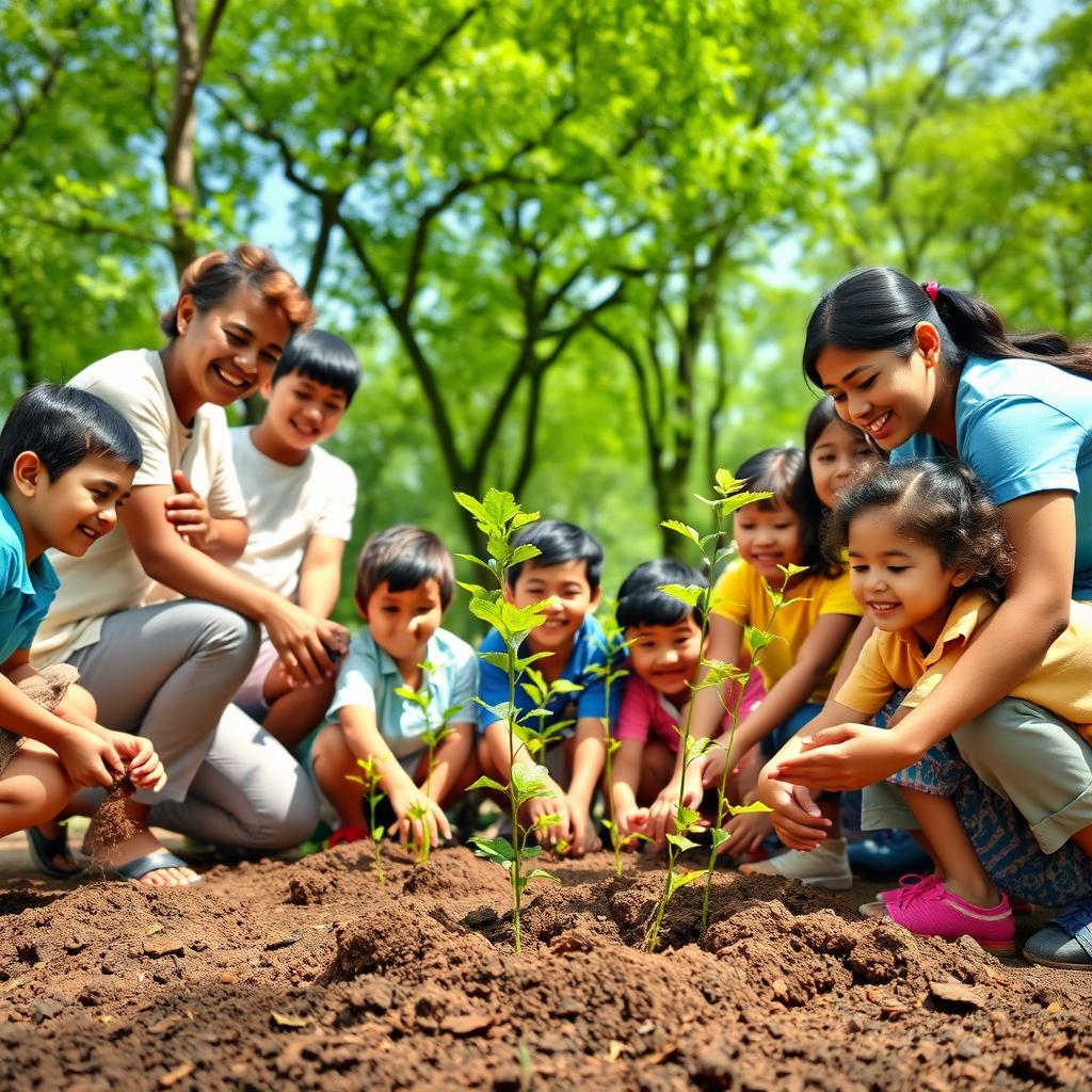 A vibrant scene depicting a diverse group of individuals joyfully planting saplings in a park or forest