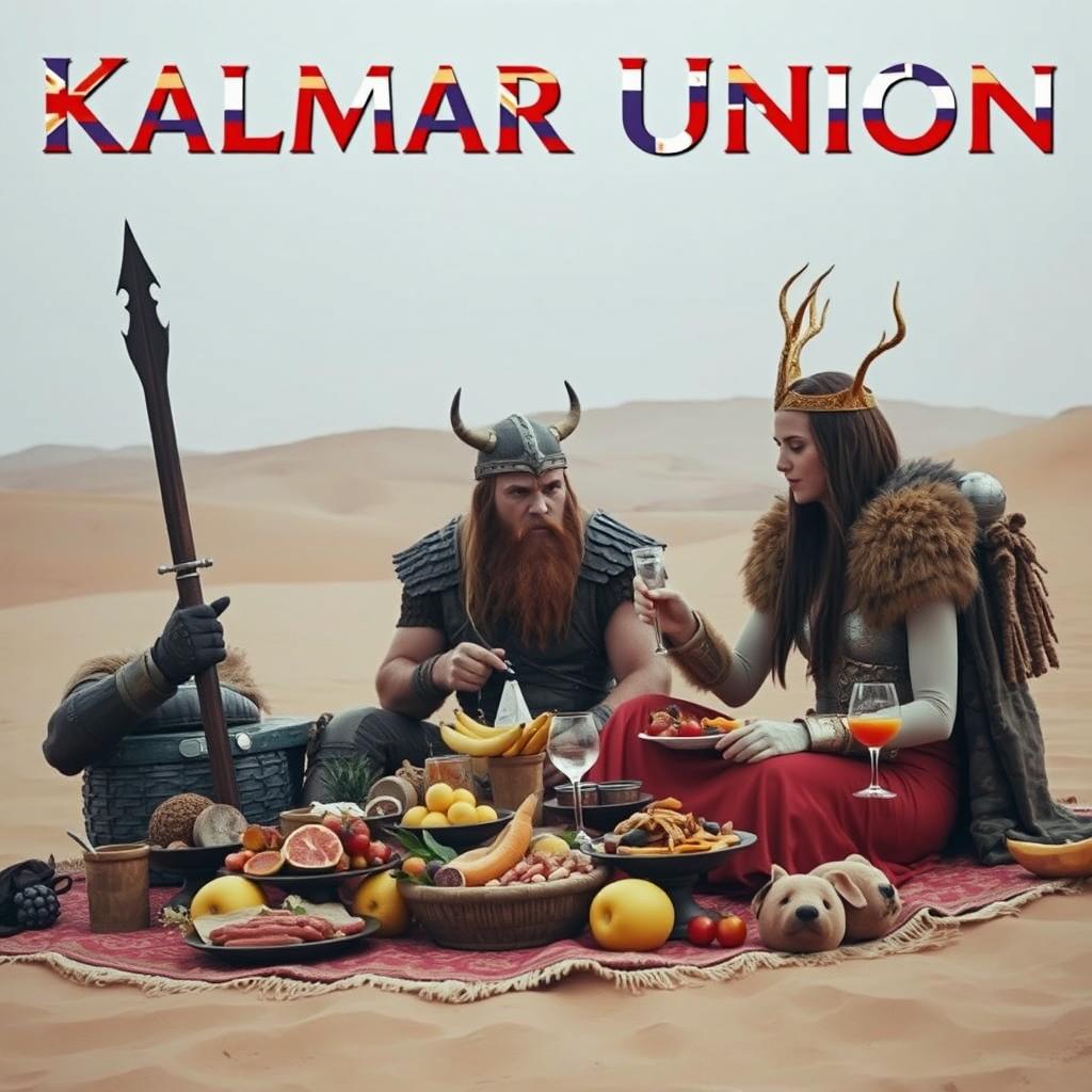 A ferocious Viking warrior and a maiden enjoying an extravagant lunch on the sandy Dunes of Arrakis, both dressed in stylish Dune-inspired stillsuits
