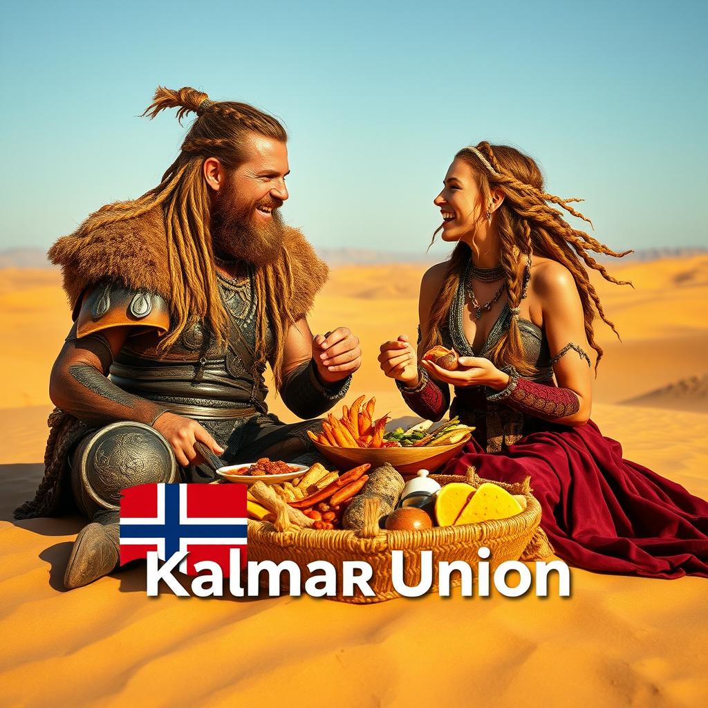A Viking warrior and a maiden, both wearing intricately detailed Dune style stillsuits, are joyfully enjoying an extravagant lunch on the shimmering sandy dunes of Arrakis