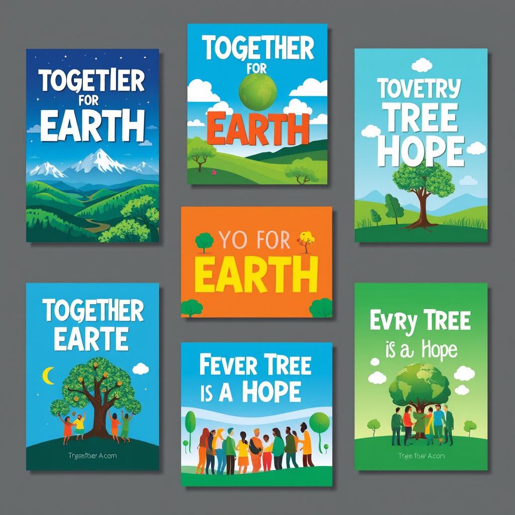 A vibrant and colorful collection of motivational posters featuring encouraging messages such as "Together for Earth" and "Every Tree is a Hope"
