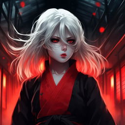 Anime girl with white hair and bright red eyes, dressed in traditional Japanese red and black clothes, in a dark and tense atmosphere.