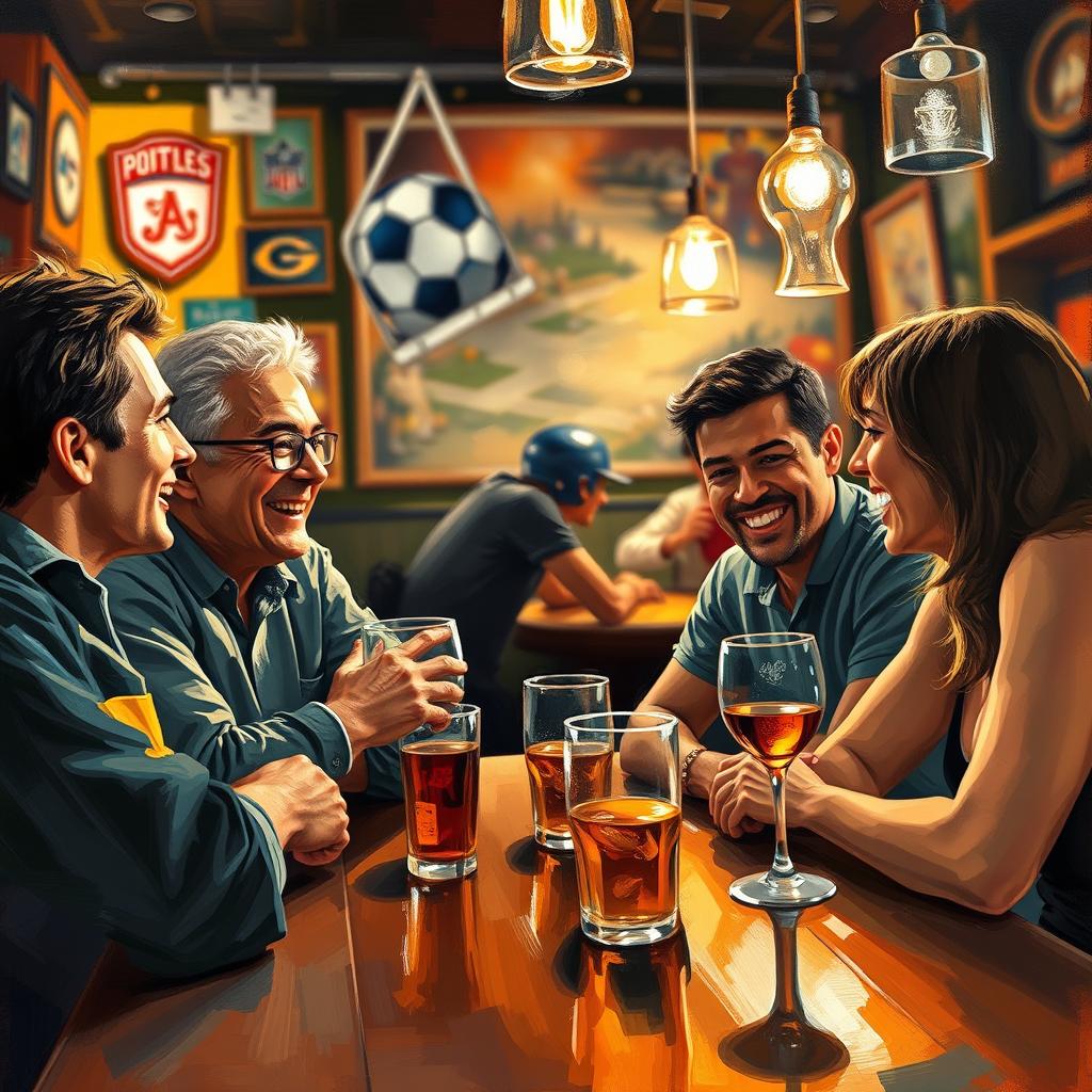 An impressionist style painting depicting a lively chat about sports among friends, set in a cozy bar with glasses of alcohol on the table