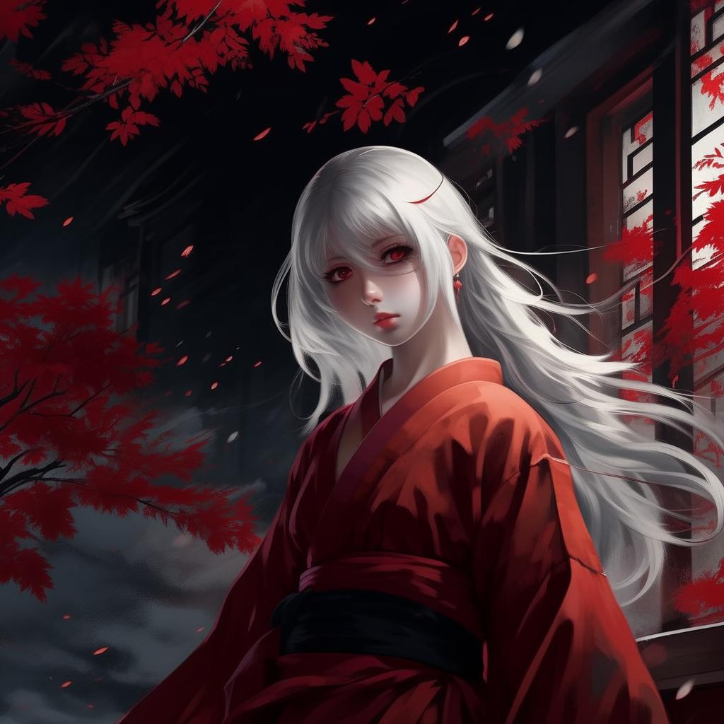 Anime girl with white hair and bright red eyes, dressed in traditional Japanese red and black clothes, in a dark and tense atmosphere.