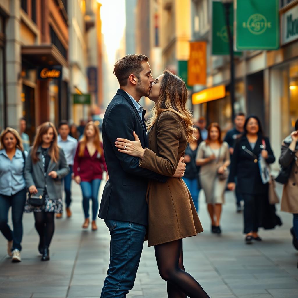 A romantic scene featuring a man and a woman passionately kissing on the side of a bustling city street