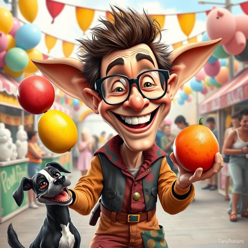 A humorous caricature of a cheerful person with exaggerated facial features, massive ears, and a big smile, wearing oversized glasses and a colorful, mismatched outfit