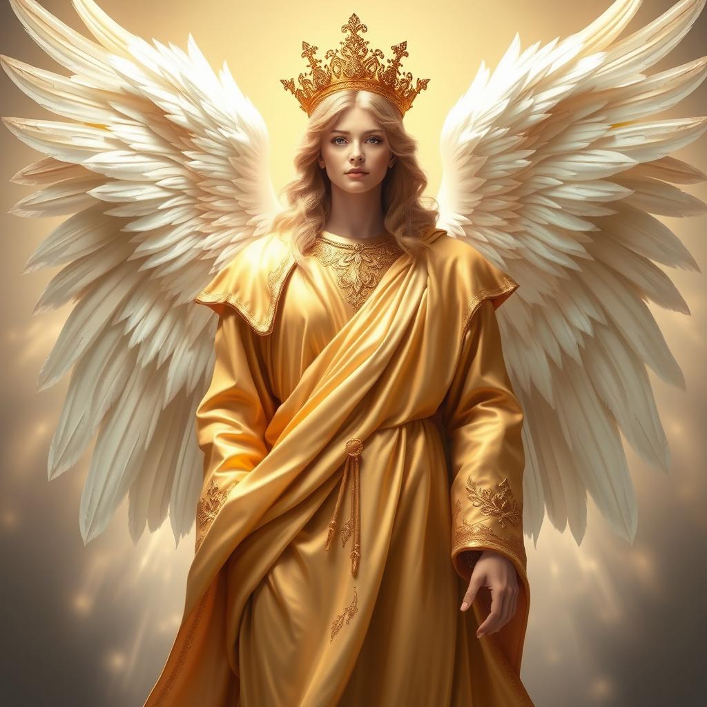 A stunning angel with radiant golden robes, pristine white wings, and a magnificent golden crown