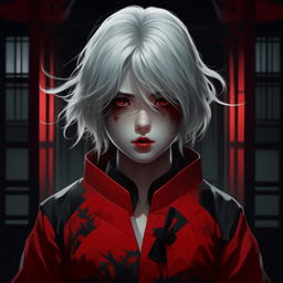 Anime girl with white hair and bright red eyes, dressed in traditional Japanese red and black clothes, in a dark and tense atmosphere.