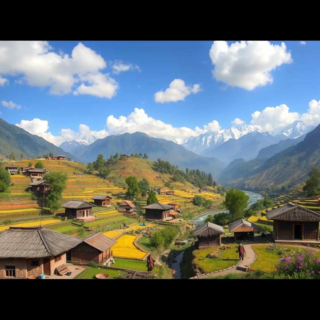 A picturesque Nepali village nestled in the foothills of the Himalayas, showcasing vibrant terraced fields, rustic wooden houses with thatched roofs, and a backdrop of majestic snow-capped mountains