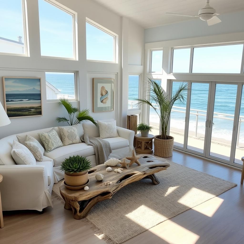 A beautifully decorated coastal living room with large windows overlooking the sea