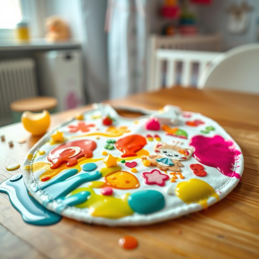 A close-up, high-resolution image of a baby bib stained with vibrant colors of baby food and lotion