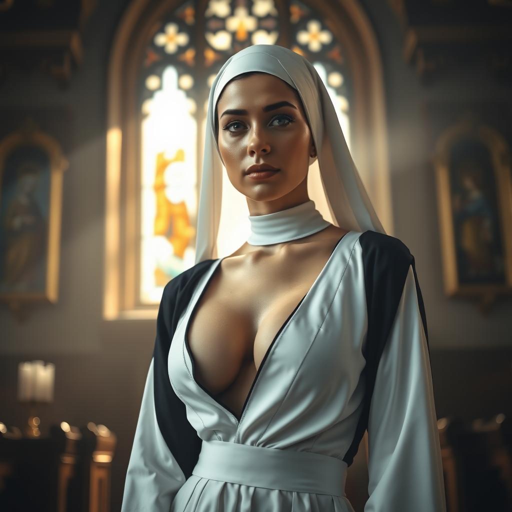 A striking portrayal of a nun wearing an audaciously low-cut habit, exuding confidence and elegance