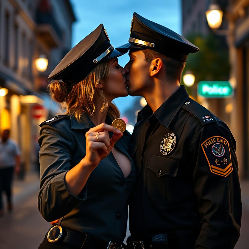 A romantic scene featuring a female police officer wearing a low-cut uniform, kissing a male police officer