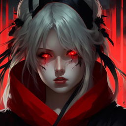 Anime girl with white hair and bright red eyes, dressed in traditional Japanese red and black clothes, in a dark and tense atmosphere.