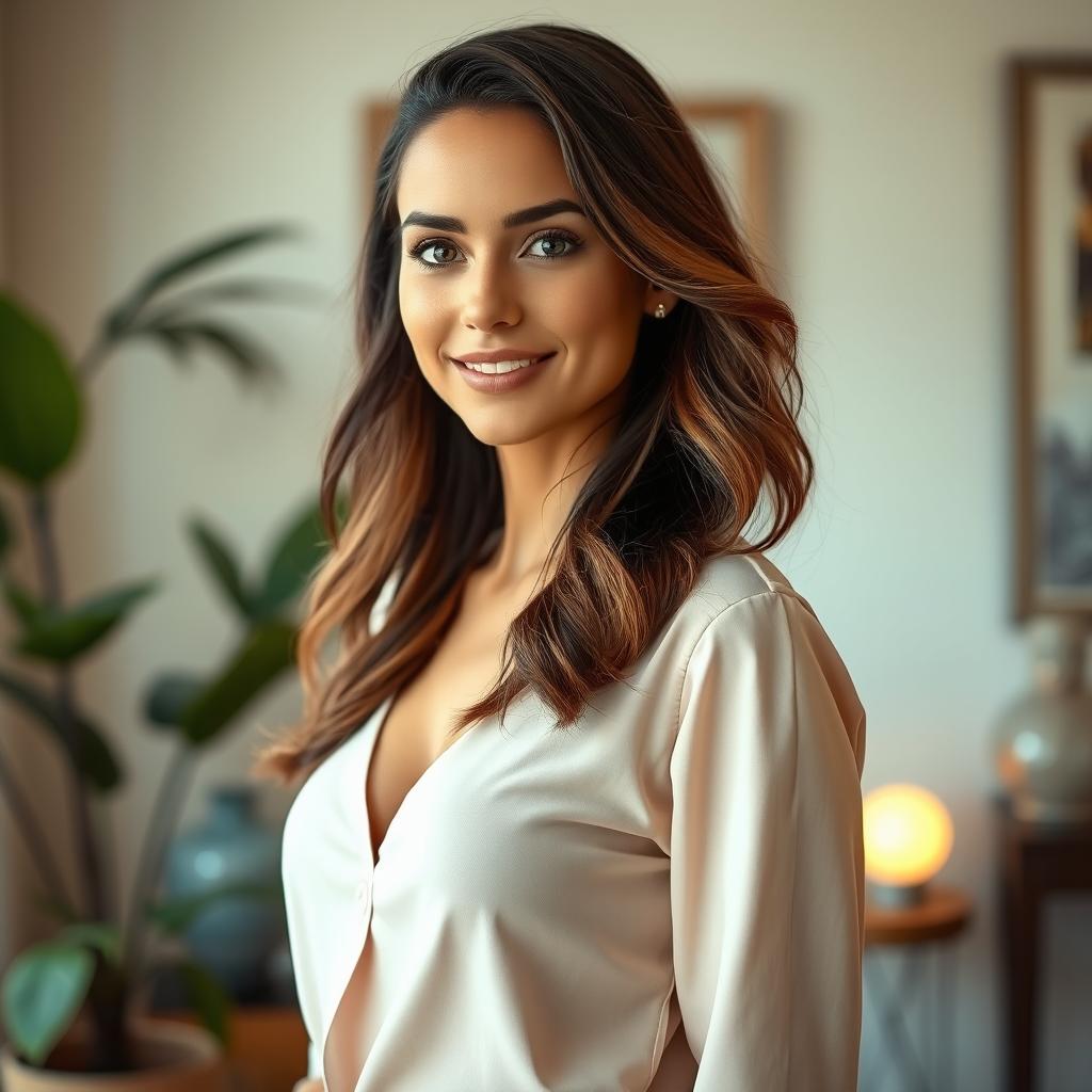 A stunning portrait of a confident woman standing in a beautifully decorated room, surrounded by soft glowing lights, showcasing her natural beauty and poise